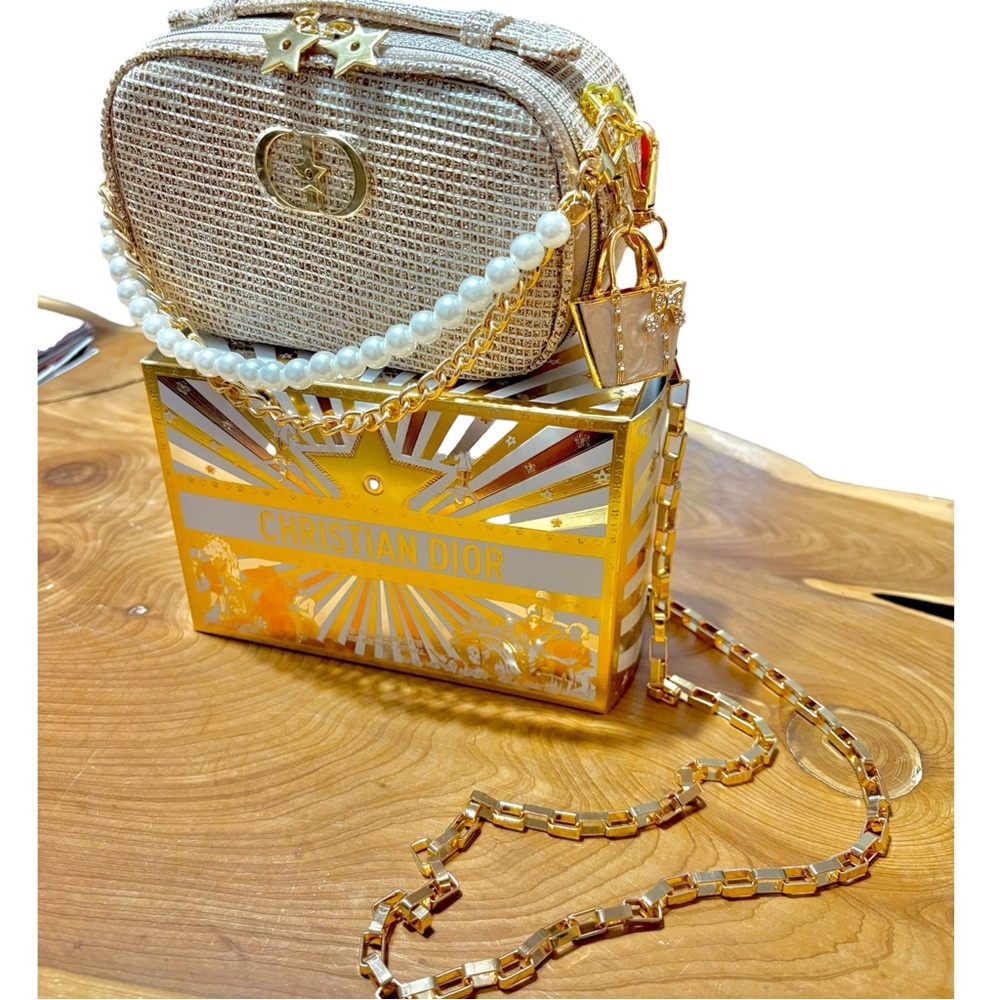 Authentic New CHRISTIAN DIOR Gold Holiday Makeup bag Converted To Crossbody Bag